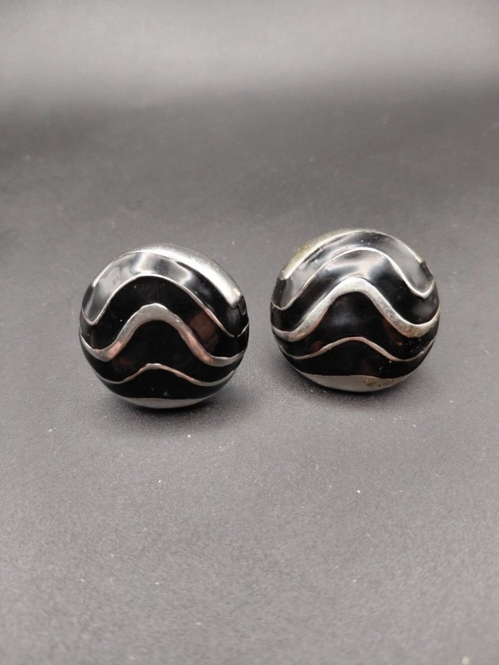 Black Enamel Silver-Tone Ribbon Wave Button Clip-On Fashion Costume Earrings